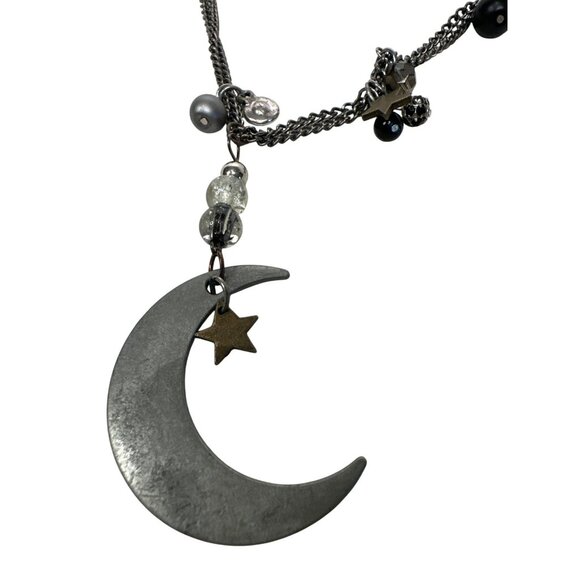 Silver-Tone Crescent Moon Pendant Necklace Celestial Witchy Stars Boho Style - Picture 2 of 3